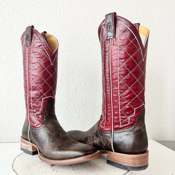 Rod Patrick Mens Cowboy Boots 9 B Brown Mocha Bison Red Top Square Toe Western - Picture 1 of 12